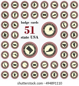 Vintage badge cards of State USA. Stylized label  sticker with the name of the State, year of creation, the contour maps and the names abbreviations.