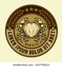 vintage badge crab with three star and laurel vector