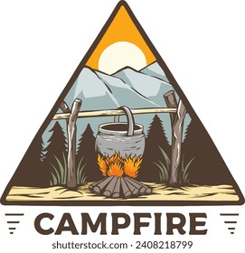 vintage badge design cooking on fire in pot and campfire vector	