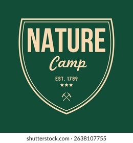 Vintage badge design for outdoor adventure and mountain camping season. Retro style with bold text and crossed axes, perfect for nature or hiking themes.