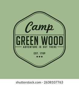 Vintage badge design for outdoor adventure and mountain camping season. Retro style with bold text and crossed axes, perfect for nature or hiking themes.