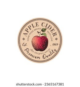 Vintage badge or emblem for apple cider with hand drawn apple fruit illustration. Sticker template