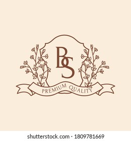 Vintage Badge Emblem With Floral, Banner Ribbon and Monogram Crest Frame Shield Logotype Vector Illustration Icon 