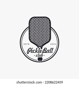 Vintage badge emblem pickle ball logo, pickleball club, tournament vector with pickleball paddle racket design on white background