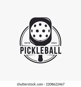 Vintage Badge Emblem Pickle Ball Logo, Pickleball Club, Tournament Vector With Pickleball Paddle Racket And Ball Design On White Background