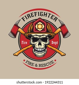 Vintage badge with fireman skull and crossed axes vector illustration. Colorful label for fire department. Emergency and firefighting concept can be used for retro template