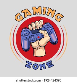 Vintage badge with hand holding joystick vector illustration. Colorful label for videogame tournament. Cybersport and gaming zone concept can be used for retro template