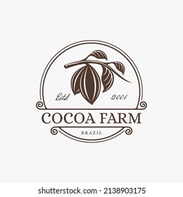 Cacao vintage, logo de la granja de cacao diseño emblema vectorial placa sobre fondo blanco