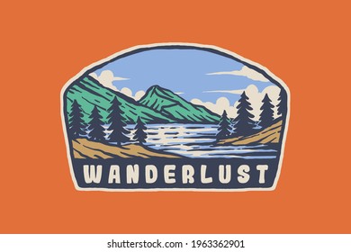 vintage badge label illustration of outdoor adventure and nature landscape