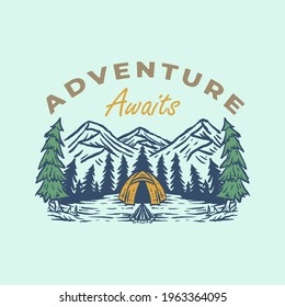 vintage badge label illustration of outdoor adventure and nature landscap