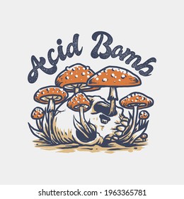 Vintage Badge Label Illustration of skull with mushroom