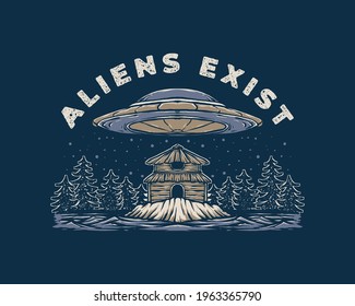 vintage badge label illustration of ufo hovers above the hut
