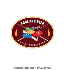 Vintage badge logo for Beer and Pool restaurant pub with bottle caps and billiard ball concept vector design