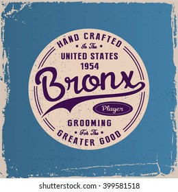 Vintage badge logo with scripted lettering, 1954 text and circular stamp design on distressed blue background. For barbershop branding, print for t-shirt, labels and packaging.