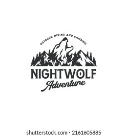 Vintage badge outdoor hiking and camping with mountain and wolf symbol logo design template