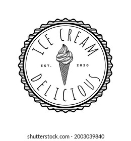 Vintage Badge Retro Ice Cream Drawing Circle Stamp Logo Vector Illustration Template Icon Design