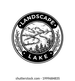 Vintage Badge Retro Mountain Landscape With River Lake Pine Tree Drawing Logo Vector Illustration Template Icon Design