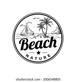 Vintage Badge Retro Summer Beach Sea Water With Plam Trees, Ship Boat And Cloud Drawing Logo Vector Illustration Template Icon Design