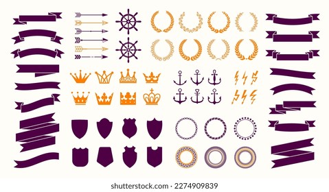 Insignia vintage, sello, corona y corona de laurel, flecha y etiqueta retro, elementos de diseño de ancla y escudo, heráldica medieval vectorial aislada, iconos de decoración de navegación y realeza conjunto