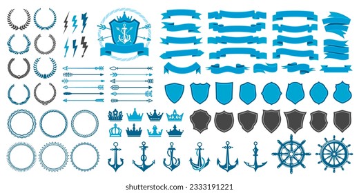 Vintage badge, seal, laurel wreath and crown, arrow, anchor and shield vector objects. Marine, nautical or naval heraldic symbols and heraldry signs for royal yacht club with ship anchor and helm