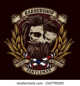 vintage badge skull with pole barber shop vector illustration