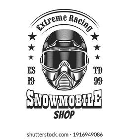 Vintage badge with snowmobile helmet vector illustration. Monochrome label with protective sportsman helmet. Extreme and winter sport concept can be used for retro template