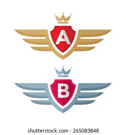 Vintage badge - vector logo template illustration. Shield, crown, wings and monogram. Heraldic concept sign. Design element. 
