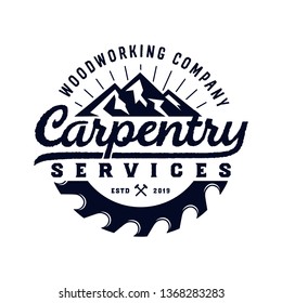 Vintage badge wood carpentry logo template with mountain element and sawmill blue color isolated on white background - vector