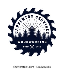 Vintage badge wood carpentry logo template with tree or forest element and sawmill blue color isolated on white background - vector