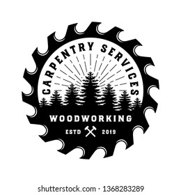 Vintage badge wood carpentry logo template with tree element black color and saw isolated on white background - vector