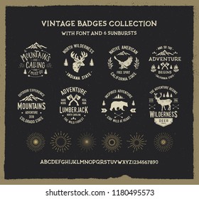 Vintage badges collection with 6 sunbursts. Adventure set. Vector 