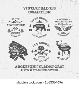 Vintage Badges Collection with Handmade Textured Gothic Font. Vector Illustration.