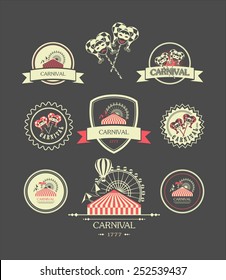 vintage badges of different shapes carnival carnival attributes on a dark background