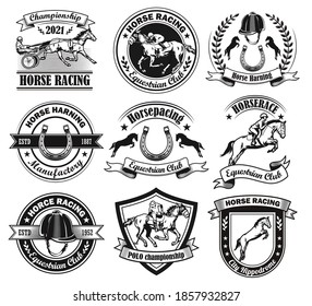 Vintage badges for equine club vector illustration set. Monochrome jockey polo tournament signs. Horse races and racing school concept can be used for retro template, banner or poster