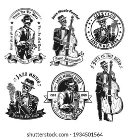 Vintage badges with jazzman skeleton vector illustration set. Monochrome labels with dead musician singing and playing sax or cello. Jazz music and entertainment concept can be used for retro template