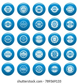 Vintage badges and labels stamp icons set blue. Simple illustration of 25 vintage badge and label stamps vector icons for web