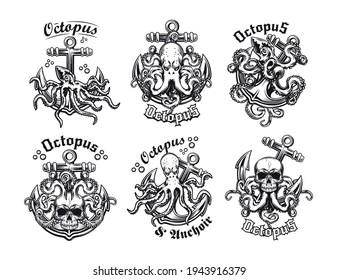 Vintage badges with octopus and anchor vector illustration set. Monochrome labels with marine creature with tentacles. Underwater wildlife and sea concept can be used for retro template