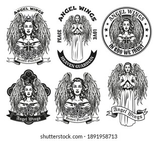 Vintage badges with pretty angel vector illustration set. Monochrome female character with wings praying. Trust and religion concept can be used for retro template