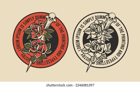 vintage badges and roses with skeleton dagger