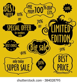 Vintage badges, stickers, labels. Creative graphic design elements. Unique shapes. Isolated on yellow background. Special Offer, super sale & Best Price Marks - stock vector