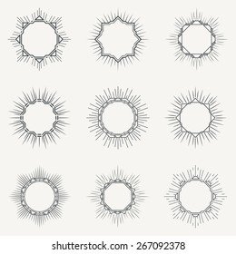 Vintage badges with sunburst. line emblems, labels, frames. Decorative elements. Vector set.