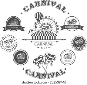 vintage badges of various shapes and masks carnival amusement park with attractions