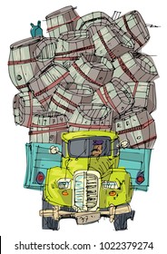 An vintage badly overloaded lorry is full of old barrels. Cartoon. Caricature.