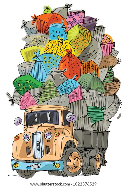 An vintage badly overloaded lorry is full of\
cargo. Cartoon. Caricature.