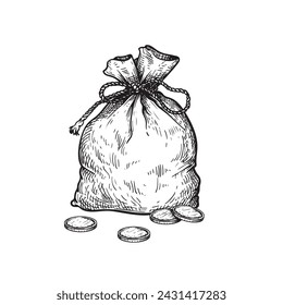Vintage bag full of money coins, tied with rope. Hand drawn pen and ink sketch style. Financial, profit symbol. Vector illustration.