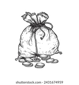 Vintage bag full of money coins, tied with rope. Hand drawn pen and ink sketch style. Financial, profit symbol. Vector illustration.