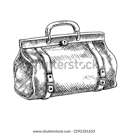 Vintage bag. A hand-drawn vector graphic illustration. Black and white image of travel luggage. Separate from the background. Perfect for banners, flyers, packages, labels, invitations and more.