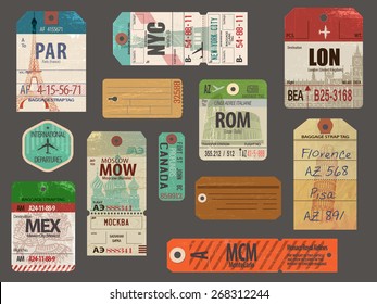 Vintage Baggage and luggage tags for flights to most popular destinations, with their famous landmarks, including London, Paris, New York, Rome, Pisa and Moscow; weathered and worn