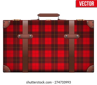 Vintage baggage suitcase with scotland check texture for travel. Vector Illustration isolated on white background. isolated.