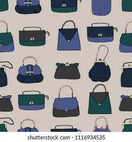 Vintage bags, clutches and purses seamless pattern. Hand drawn vector illustration. Elegant and trendy
